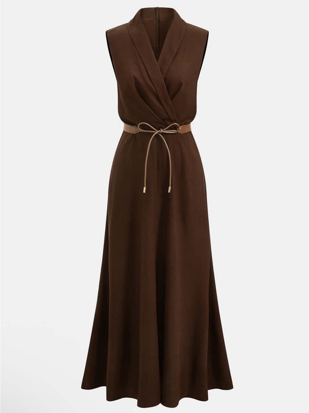 Commense Sleeveless Brown Wrap Maxi Dress with Waist Tie